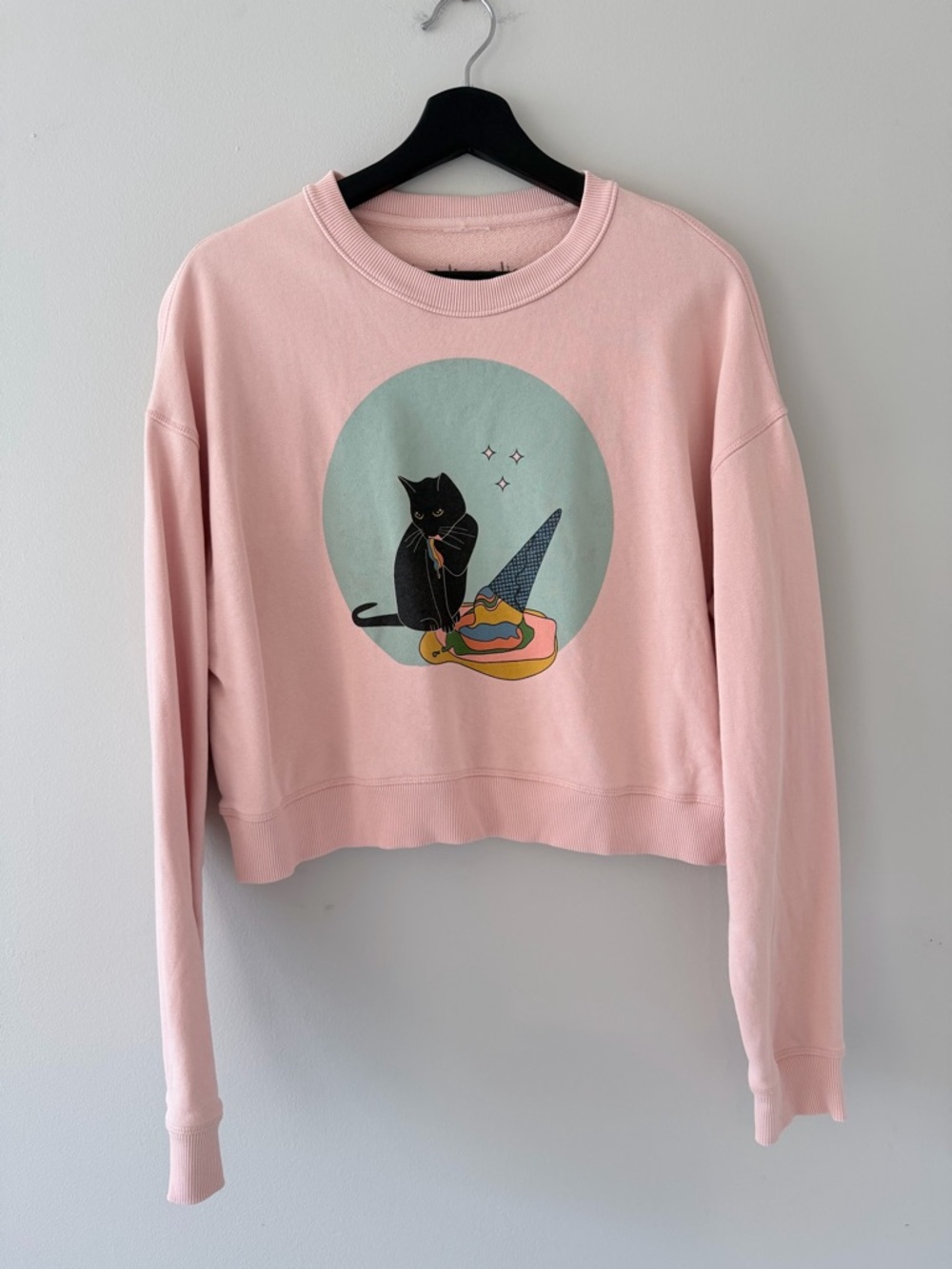 Pink Graphic Cat Cropped Sweatshirt